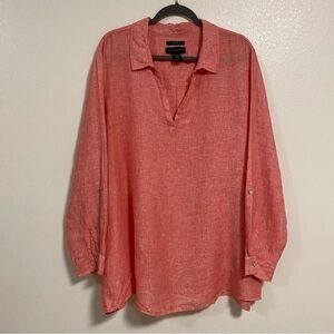 Tahari 100% Linen Roll up LS Pullover top Heathered red Plus Size 3X